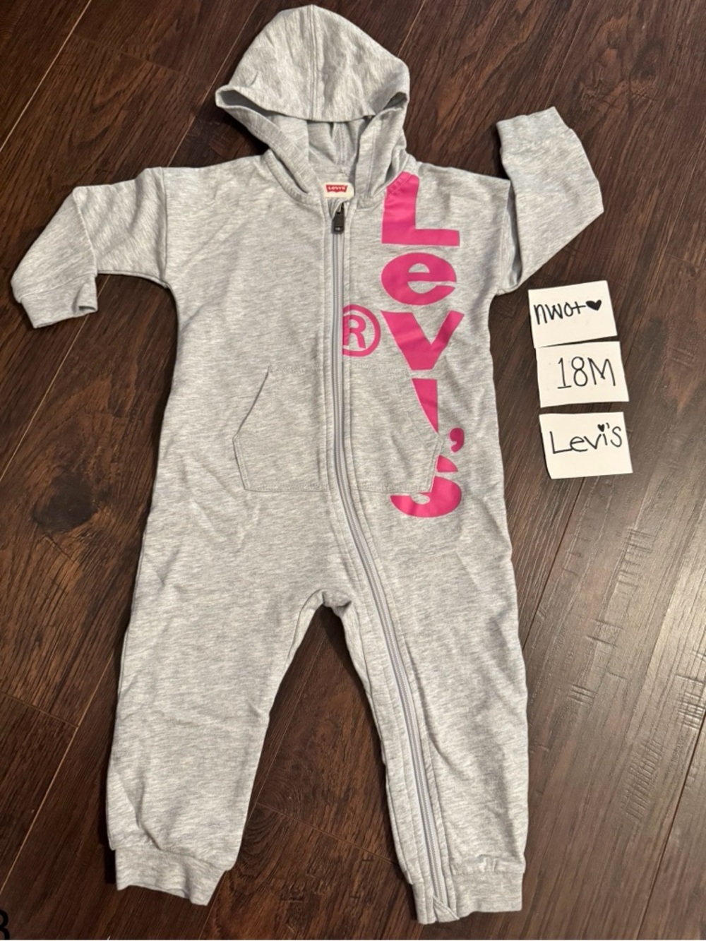 Levi's Gray Hooded 18 MONTHS One-Piece with Pink Logo